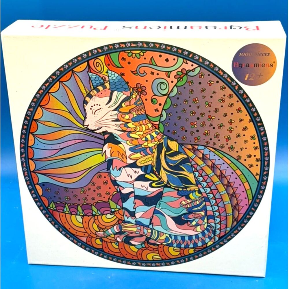BrainGames Mandala Cat 1000 Piece Circular Round Puzzle Bgraamiens Open Complete